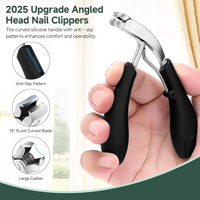 SmilVie Toe Nail Clippers for Seniors, Dual- Angled Head & Long Handle, Heavy Duty Ingrown Toenail Clipper Set for Men (Black 5-in-1 Set)