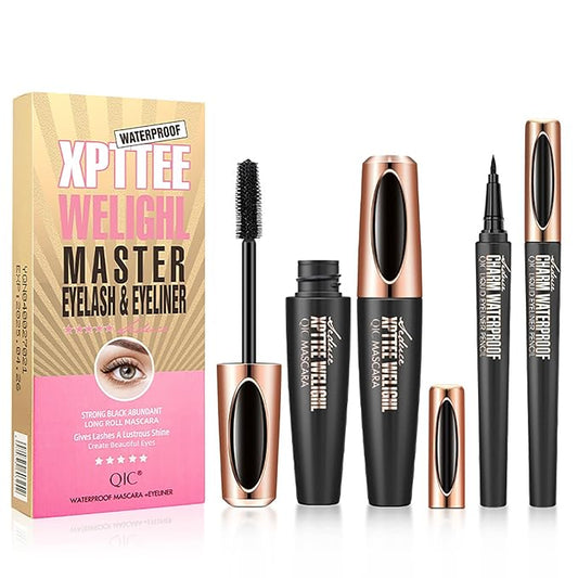 2 Pack Mascara Eyeliner Set, 4D Silk Fiber Eyelash Mascara and Liquid Eyeliner, Thicker Voluminous Eyelashes, Long-Lasting Waterproof Smudge-Proof Eyes Makeup Kit(05)