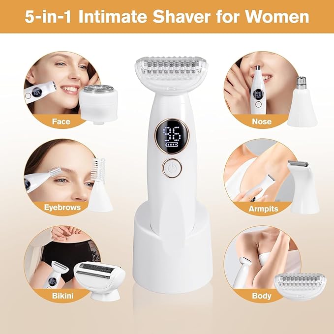 Bikini Trimmer for Women, Electric Razors for Silk Skin 5-in-1, IPX7 Waterproof, USB Rechargeable, Electric Razors for Women for Face, Eyebrows, Body, Bikini Zone with Charging Station