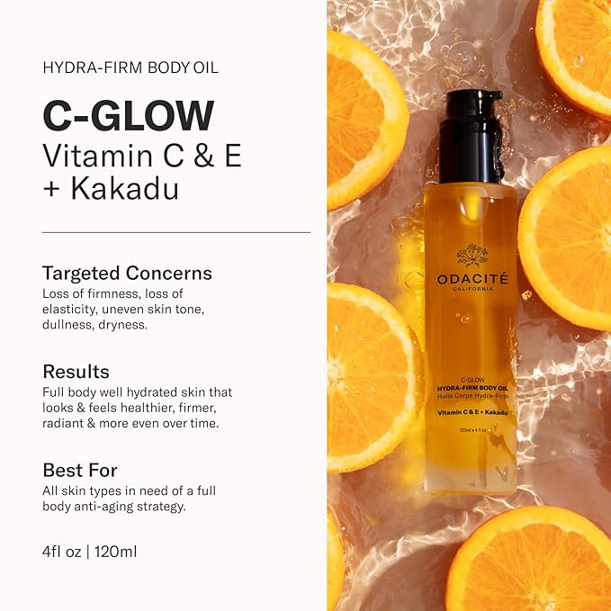 Odacité C-Glow Hydra-Firm Body Oil, Vitamin C + Kakadu Plum Brightening & Firming Body Treatment for Dry, Sensitive Skin, Hydrating Antioxidant Body Oil, 4 oz / 120 ml