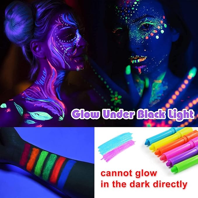 12 Pcs Face Painting Kits for Kids, Glow In The Dark Under UV Black Light Sticks，Face Body Paint Glow Party Supplies，for Birthday, Halloween, Thanksgiving Day, Cosplay Makeup, Gifts for Kids Adult