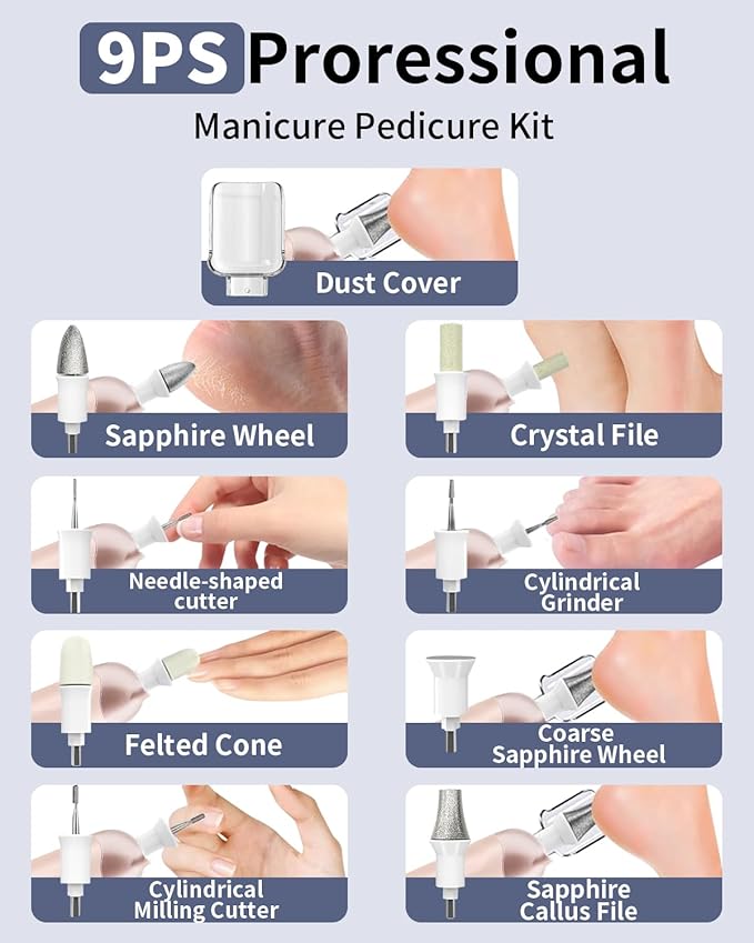 Cordless Electric Nail File Set, Rechargeable Pedicure Tools for feet, Professional Manicure Pedicure Kit 5 Speeds Hand Foot Care Nail Drill for Thick Nail Toenail Cuticle Women Men Pets, Blue