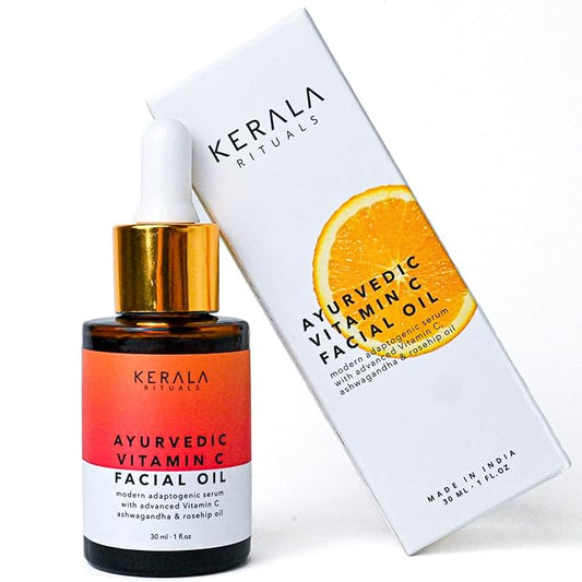 Ayurvedic Vitamin C Face Oil with Rosehip Oil, Bakuchiol, Ashwagandha, and Squalane, Hydrating, Brightening, and Repairing Serum for Dark Spots, Fine Lines, and Wrinkles, Clean Luxury Skincare