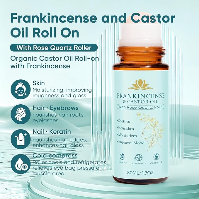 Frankincense and Castor Oil, Castor Oil Roll On with Rose Quartz, 100% Pure, Organic, Cold-Pressed, Firms Skin, Reduces Fine Lines & Hormone Balance, Suitable for Face, Neck, Abdomen, 50ML/1.7OZ (1)