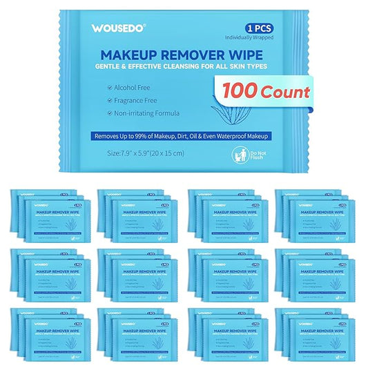 WOUSEDO 100 Count Makeup Remover Wipes, Bulk Gentle Cleansing Facial Towelettes, Individually Wrapped Travel Size,Alcohol-Free & Hypoallergenic for All Skin Types