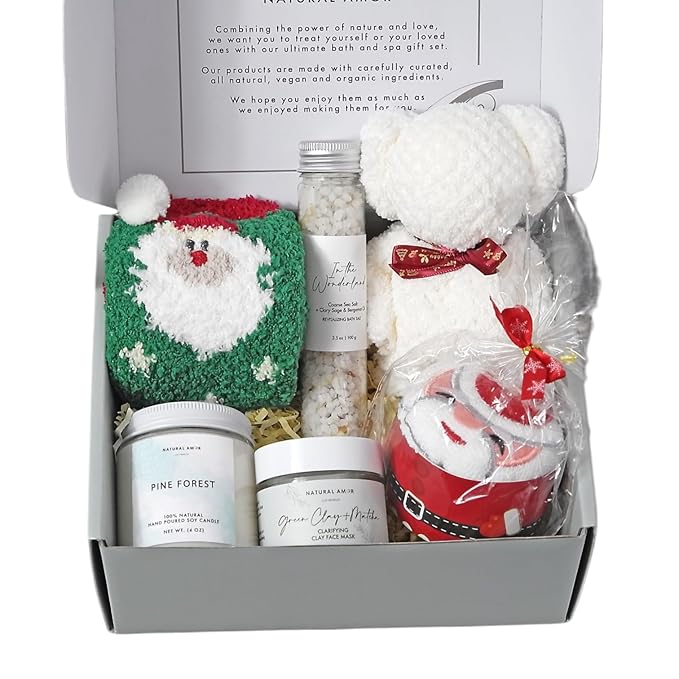 Natural Amor Christmas Spa Gifts for Women and Men,6 pcs Self Care Box Including Candle, Bath Salt, Socks, Thank You Gift