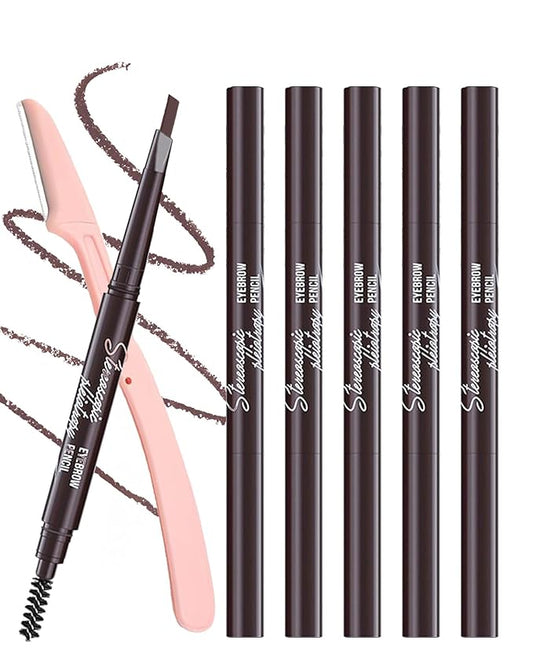 Berinist Waterproof Eyebrow Pencils for Women, 6Pcs Double-ended Dark Brown Eye Brow Pencil with Razor Kit, Triangular Tip Design Makes it Easier to Define and Fill in Brows for a Natural Look