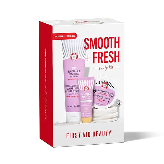 First Aid Beauty Smooth + Fresh Body Kit - Skin Care Gift Set with KP Bump Eraser Body Scrub, Whole Body Deodorant & Ingrown Hair Pads - Travel Friendly Skincare Set