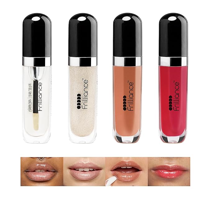 Frilliance Moisturizing Natural Lip Gloss Vault Bundle for Teens, (4 Pack - Pearly Y2k, Cherry Glaze, Crystal Clear, Natural Blush, 8 ml / .28 fl oz each) Cruelty Free Hypoallergenic All Skin Types
