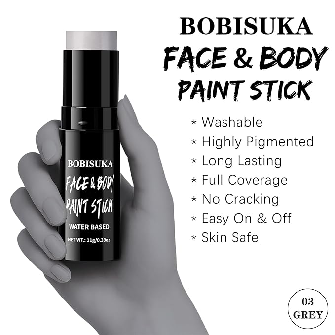 BOBISUKA Grey Face & Body Paint Stick Water-Based Washable Face Paint Makeup Stick for Halloween Skeleton, Skull, Zombie, Vampire, Cosplay, SFX, Sports Eye Black & Costume Party