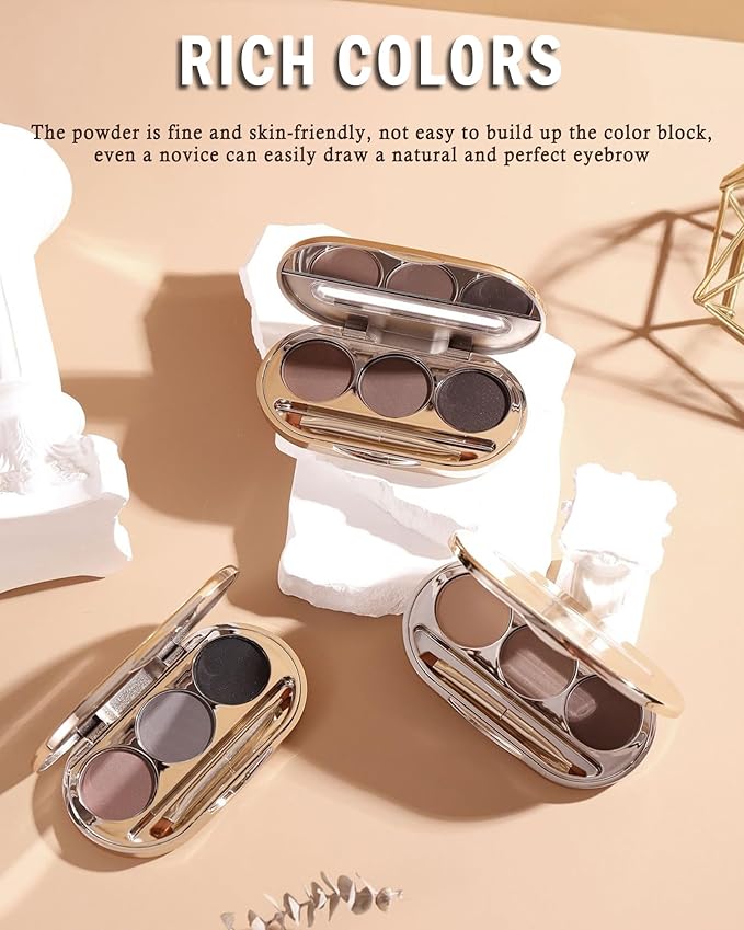 Eyebrow Powder Makeup Kit-3 Colors Eye Brow Tinting Powder Palette for Women Eyebrows Long-Lasting Waterproof, Dark Grey Black Brown Brow Filler, Enhance & Define Brows, With Mirror, Brow Tool -Set 02