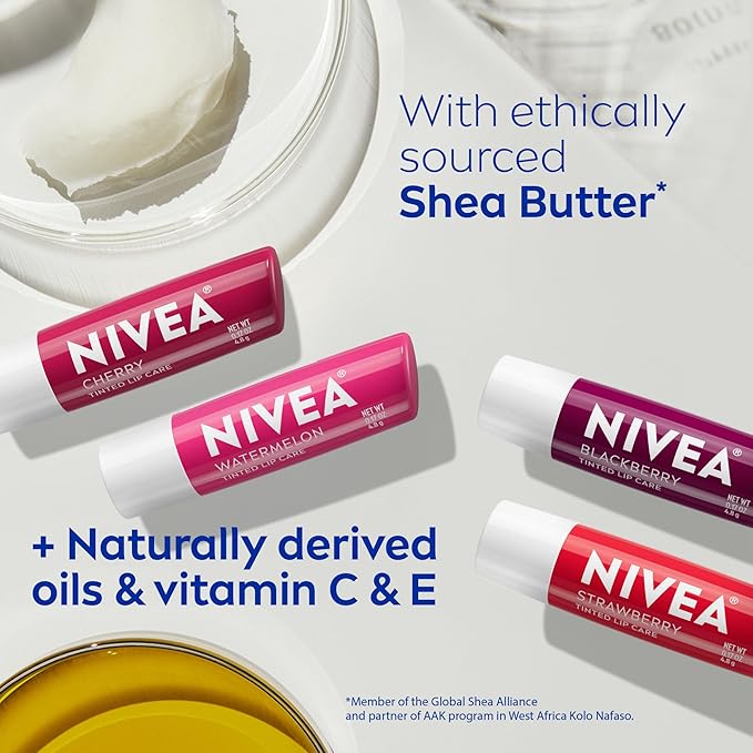 NIVEA Lip Care, Fruity Tinted Lip Balm Variety Pack, Cherry, Strawberry, Blackberry and Watermelon Flavors, 3-in-1 Moisture, Repair and Color, 0.17 Oz Stick, Pack of 4