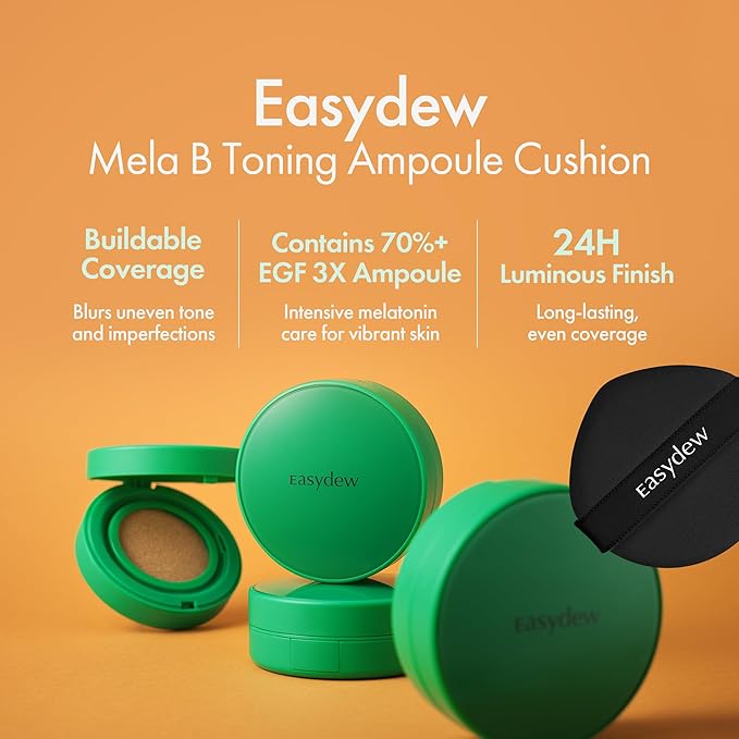 Easydew Mela B Toning Ampoule Cushion - 2-in-1 Korean Skin Care & Face Beauty Makeup - Age-Defying Full Coverage Cushion Foundation with Niacinamide & Hyaluron-Vital C 0.45 oz (#13 Porcelain)