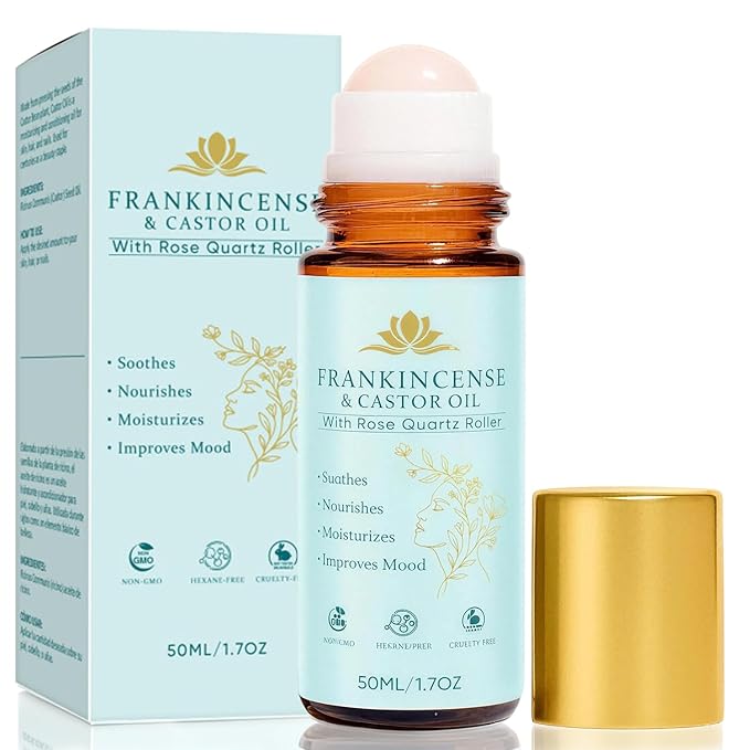 VOGUZY Frankincense and Castor Oil, Castor Oil Roll On with Rose Quartz, Pure, Organic, Cold-Pressed, Firms Skin,Reducing Fine Lines, Suitable for Face, Neck, Abdomen