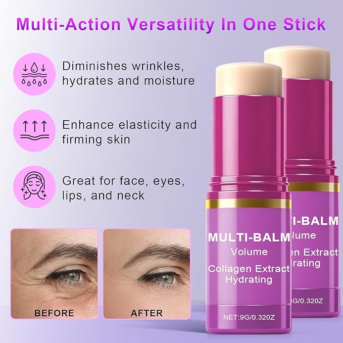 2 PCS Multi Balm, Volume Multi Balm Stick, Collagen Moisturizing Stick for Face, Eyes, Neck, Lips, Hydrating And Firming Skin, For Most Skin Types,Purple