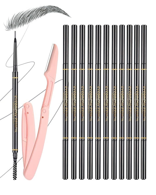 SUMEITANG Gray Eyebrow Pencils for Women, 12Pcs Ultra Slim Eyebrow Pencil with 2 Brow Razors Kit, Double Head 1.5mm Micro-Fine Tip & Spiral Brush, Can Draw Fine and Long-Lasting Brows Makeup