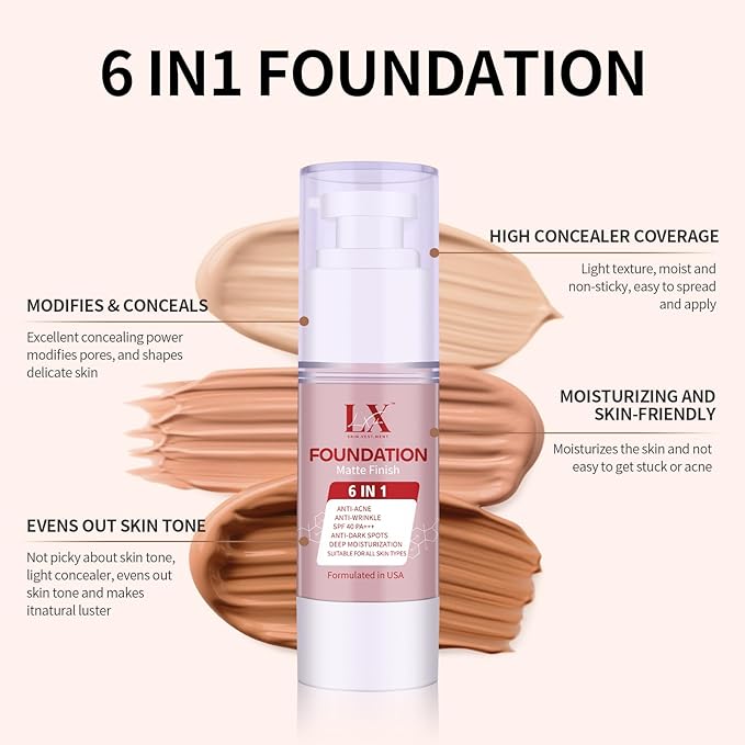 6-in-1 Makeup Infused with 1% Hyaluronic Acid- Matte + Poreless Liquid Foundation For A Glowing & Soft-Focus Look, Suitable for All Skin Types (201 Medium, 6-in-1 Makeup Foundation)
