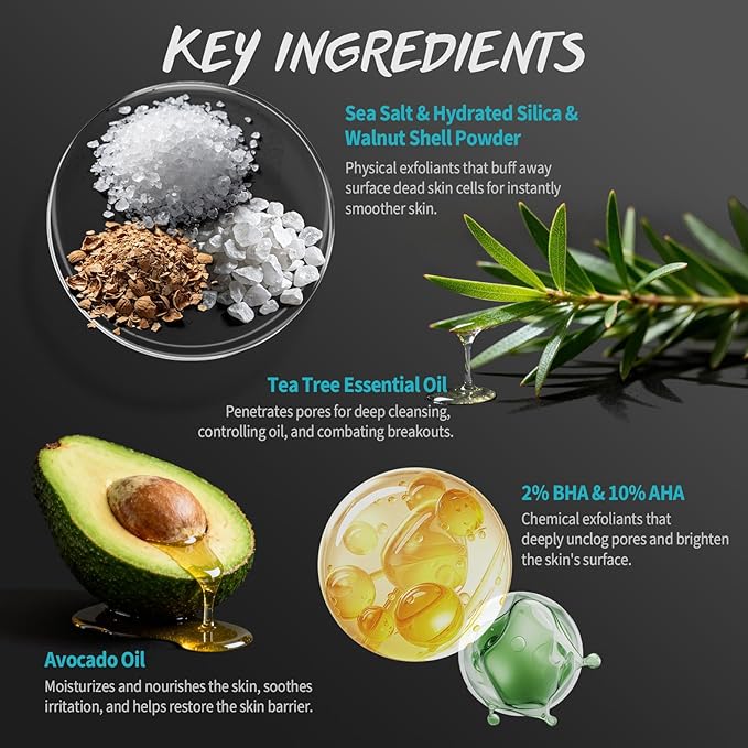Men Body Scrub with Tea Tree Oil Exfoliating Body Scrub for Men Improve Odor Smooth Rough Skin Body Exfoliator Scrub for Back Chest Shoulders Butt Legs Mens Exfoliating Body Wash with 2% BHA 10% AHA