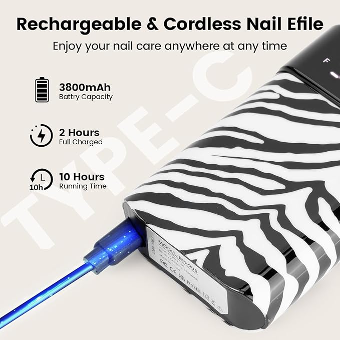 Lavinda 35000RPM Electric Nail Drill, Cordless Nail Drill Machine Portable Rechargeable Nail Efile for Acrylic Gel Nails, Manicure Pedicure Polishing Shaping Tool for Salon Home Use-Zebra Pattern