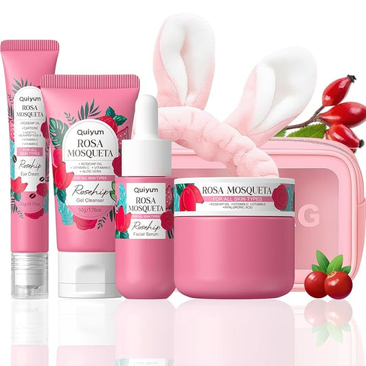 Rosehip & Vit-E Skin Care Sets for Women, Nourishes, Resists Oxidation, Promotes Collagen Production, Refine Skin Texture, Enhances Skin Elasticity, Skincare Gift Sets, for Dry Skin Type, 4PCS