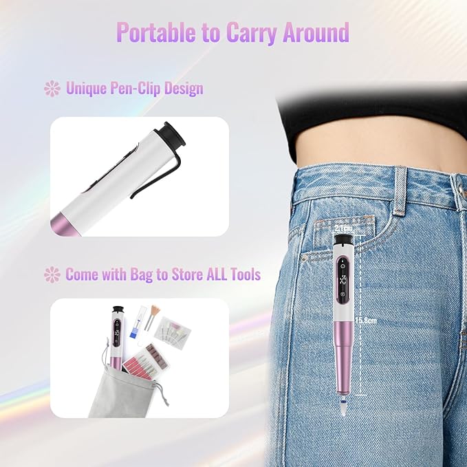 Denabuty Nail Drill Cordless, Electric Nail File 12 in 1 with LED Display, Nail Drill Machine Professional Portable Rechargeable E File for Gel Acrylic Manicure Pedicure Set with 5 Speeds Purple