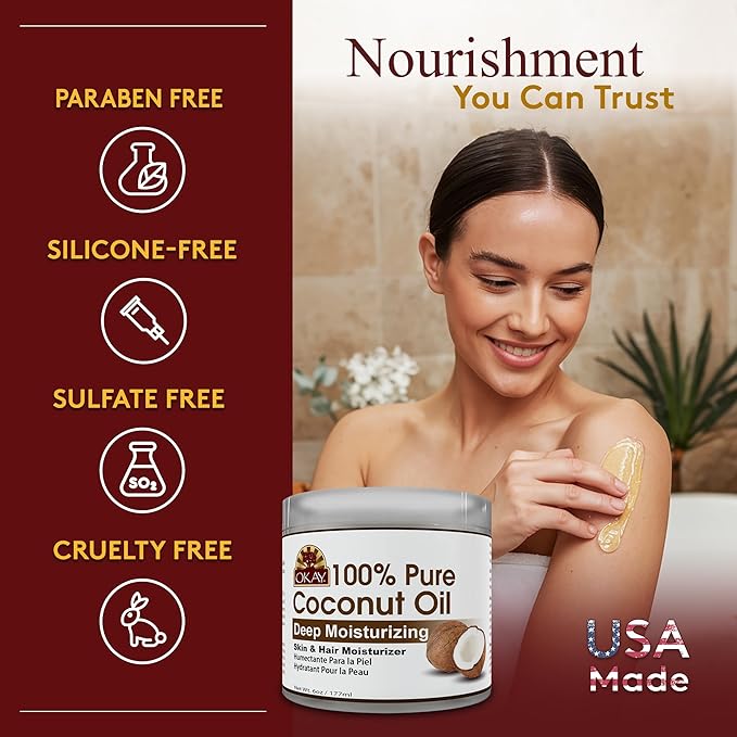OKAY 100% Pure Coconut Oil for Hair & Skin - Coconut Oil for Women & Men, Perfect for Hair & body, Natural Massage Oil & Moisturizer - 6 fl oz Jar (Pack of 1)
