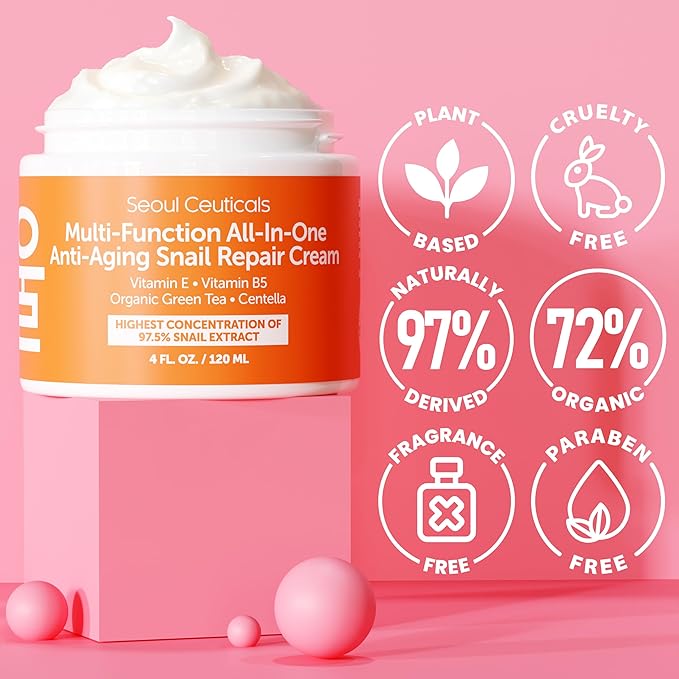 SeoulCeuticals Large 4oz 97.5% Snail Mucin Moisturizer Cream Korean Skin Care Day & Night Snail Repair for Face - K Beauty Anti Aging Facial Skincare