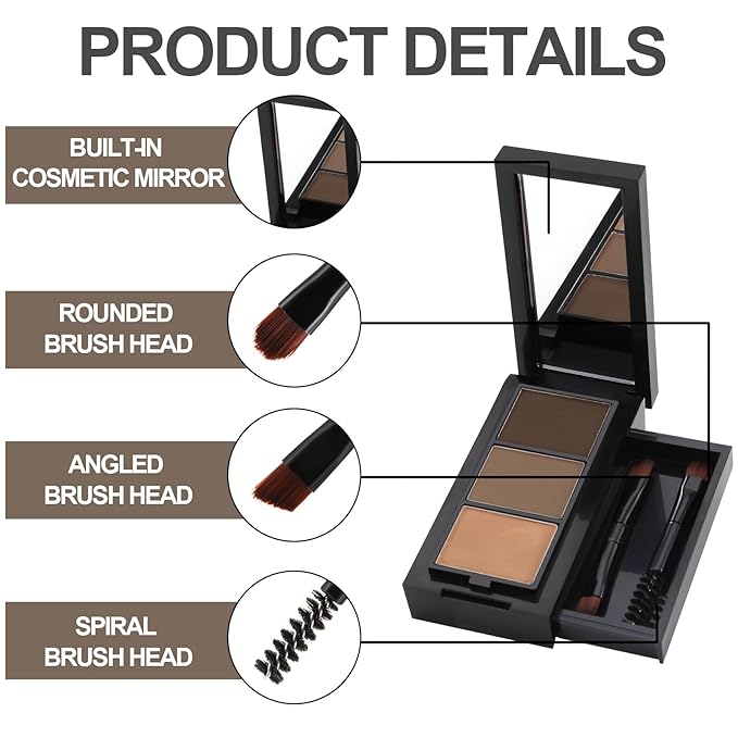 GEUUFEA 3 Colors Eyebrow Makeup Kit, Professional Brow Contour Palette, Waterproof Long-lasting Eyebrow Filler Powder with Mirror & Brow Brush