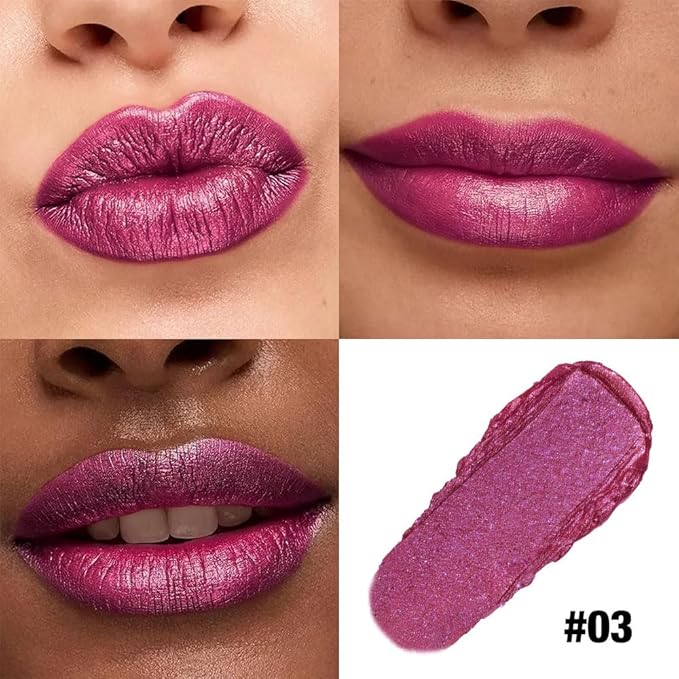 Plum Purple Shimmer Metallic Moisturizing Glow Plumping Lipstick Makeup, Lipstick with Metallic 3D Shine Lightweight Hydrating Formula, Glitter Lip Gloss Stain Long Lasting Waterproof (03#Plum Purple)