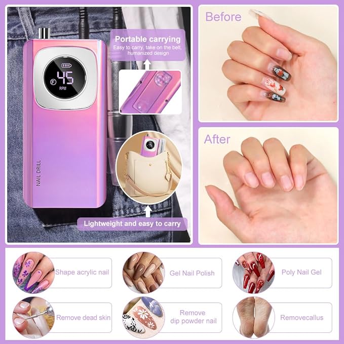 ANRLO Professional Electric Nail Drill, 45000 RPM Cordless Rechargeable E-File Machine, with 12 Bits, Sanding Bands, LCD Display for Acrylic Gel Nails (DMJ-V4-purple-USB)