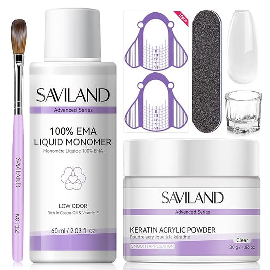 SAVILAND Acrylic Nail Kit for Beginners: 30g Clear Acrylic Powder and Liquid Set with Brush Forms Manicure Tools Extension Nails Kit Beginner with Everything for Home DIY Nail Art Salon