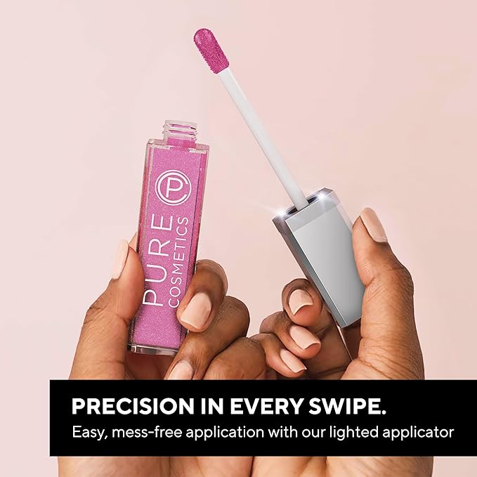 Pure Illumination Light-Up Lip Gloss with LED-Lit Applicator Brush + Side Mirror, Non-Sticky, Moisturizing Hydrating Lip Glosses with Lanolin, Jojoba Oil, & Vitamin E, Femme Fatale