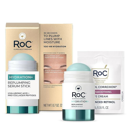 RoC Hydration+ Replumping Serum Stick, Fragrance-Free, Hydrating And Cooling Hyaluronic & Peptide Formula To Boost Elasticity And Visibly Smooth Aging Skin, With Line Smooth Eye Cream Packette, 0.7oz