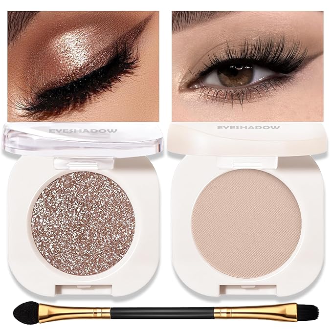Matte Glitter Eyeshadow Palette 2 PCS, Nude Brown Eye Shadow Palettes Shimmer Neutral Eyeshadow for Older Women, Smooth Powder Lightweight Blendable High Pigment Compact Daily Eyes Makeup, Set D