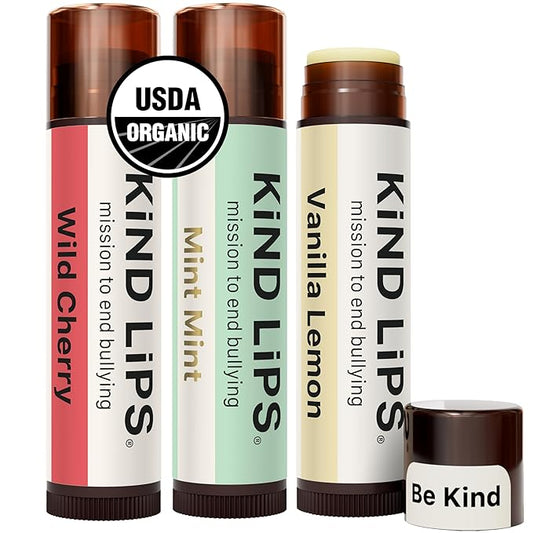 Kind Lips Organic Lip Balm Variety Pack (3 Pack) of Mint Mint, Vanilla Lemon & Wild Cherry • 100% Natural, Clean, Gluten-Free, Grain-Free • Moisturizing Lip Care Made in USA • chapstick Gift Set