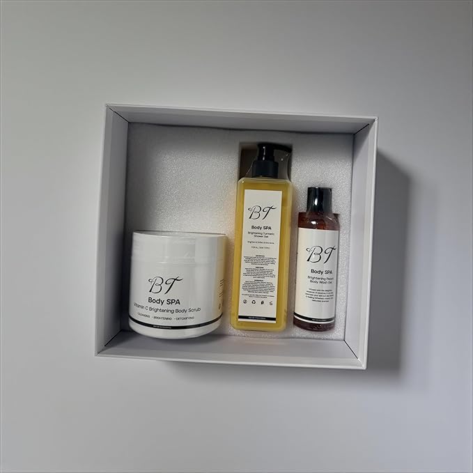 BT Body Spa Exfoliating Body Care Set – Vitamin C Body Scrub, Peach Gel Body Wash & Turmeric Body Wash for Smooth, Glowing Skin.