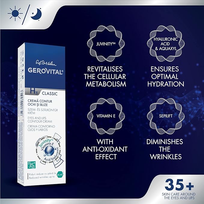 GEROVITAL CLASSIC Anti-wrinkle around Eyes and Lips Lifting Cream with Hyaluronic Acid, Vitamin E and Juvinity™ for Dark Circles, Fine Lines & Wrinkles, 15 ml