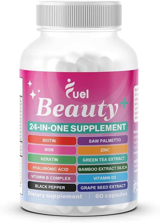 Fuel Beauty+ 24-in-1 Hair, Skin & Nails Vitamins for Women – 5000mcg Biotin, Hyaluronic Acid & Saw Palmetto – Daily Multivitamin for Hair Growth, Nail Strength & Skin Glow – 60 Capsules