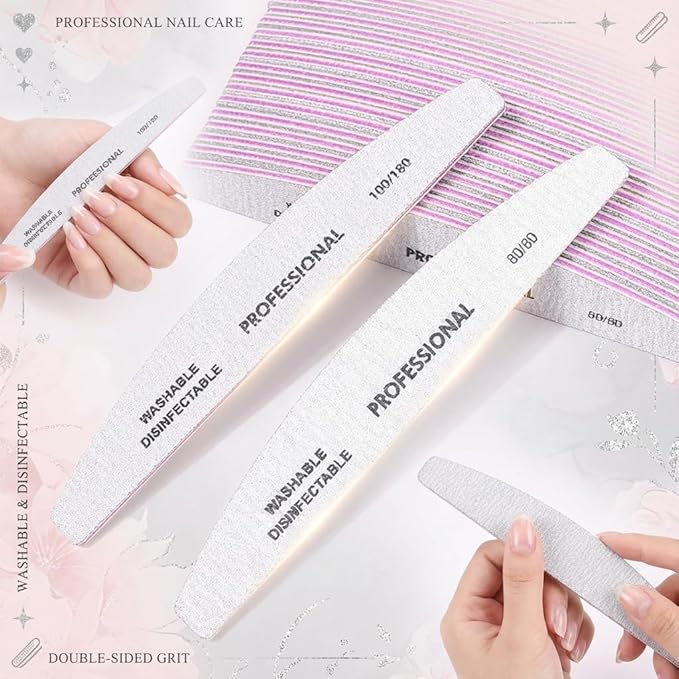 Klimonla 25PCS Professional Half Moon Emery Board Nail Files, 80/80 Grit Dual-Sided Buffer, Reusable Nail Filing Tools for Natural & Acrylic Nails, Home & Salon Manicure Supplies