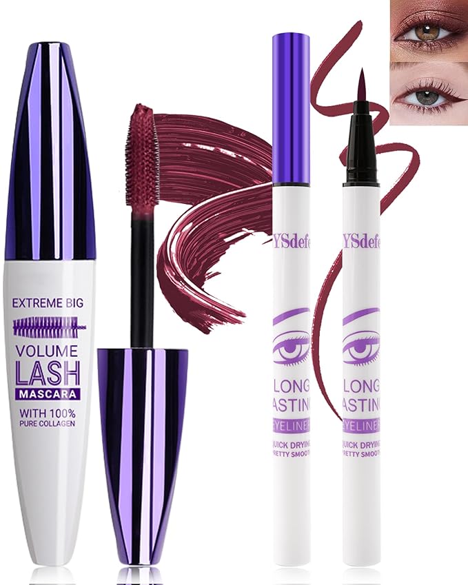 Burgundy Mascara Liquid Eyeliner Set,5D Waterproof Silk Fiber Colored Mascara Volume and Length,Longlasting Smudgeproof Color Eye Liner Pen,Christmas Colorful Eye Makeup Gift Kit for Women Girl-08