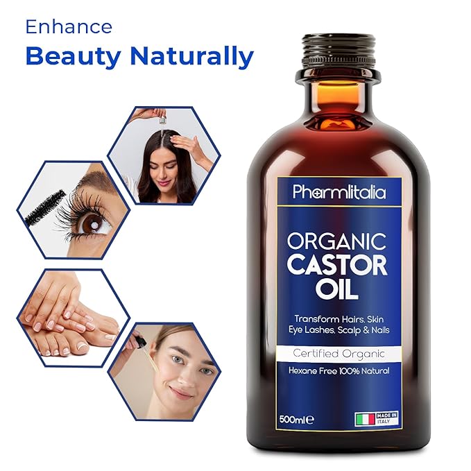 Pharmlitalia Caster Oil Organic Cold Pressed Unrefined Glass Bottle - Organic Golden Castor Oil for Face, Scalp, Eyelashes, Skin Care and Nails - Aceite De Castor Organico Puro - 500ml