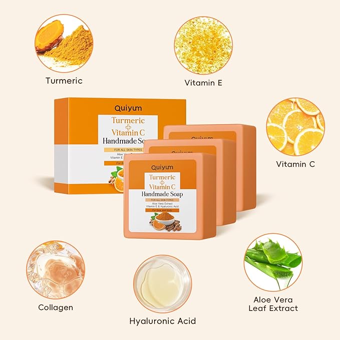 Natural Turmeric Soap Bar for Dark Spot- Vitamin C Dark Spot Remover for Face, Facial Skin Care Products, Even Skin Tone, 3 Pack with African Net Sponge (3.53 Oz/Pcs), Christmas Gift Stocking Stuffers