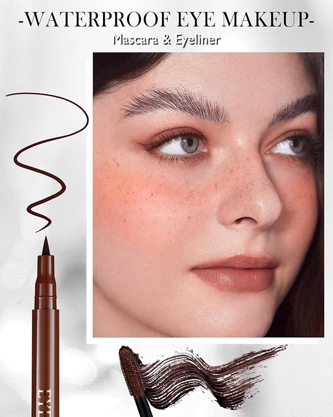 Brown Waterproof Mascara & Eyeliner, 5D Silk Fiber Lash Extension Colored Tube Mascara Volume and Length,Long-Lasting Smudge-Proof Volumizing Colorful Máscara and Liquid Eyeliner Pen Set for Women