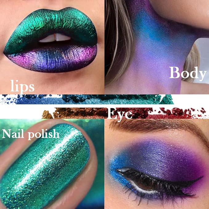 evpct 2Pcs Shimmer Teal Dark Sapphire Blue Bright Purple Multichrome Chrome Single Eye Shadow Palette Makeup for Older Women, Glitter Metallic Duochrome Chameleon Gothic Iridescent Eyeshadow Palette