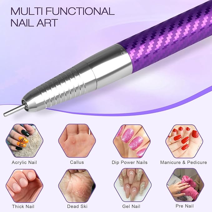 Professional Brushless Nail Drill, AZ GOGO 85W Cordless Electric Nail File 40000RPM Rechargeable Portable Nail Drill Machine for Gel Acrylic Nails, High Torque Quieter for Salon Nails Art (Purple)