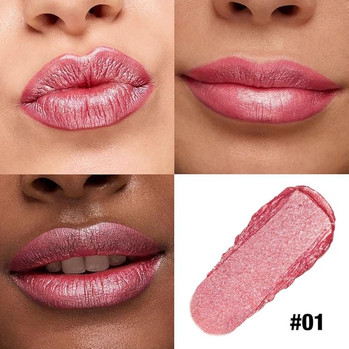 Nude Pink Shimmer Metallic Moisturizing Glow Plumping Lipstick Makeup, Lipstick with Metallic 3D Shine Lightweight Hydrating Formula, Glitter Lip Gloss Stain Long Lasting Waterproof (01#Nude Pink)