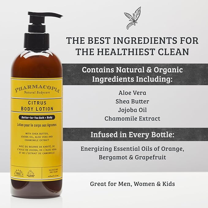 Pharmacopia Citrus Body Lotion - Hydrating Natural Moisturizer with Aromatherapy Benefits - Cruelty-Free Vegan Skin Care - Shea Butter, Aloe Vera, and Jojoba Oil - Lotion for Dry Skin, 16 oz