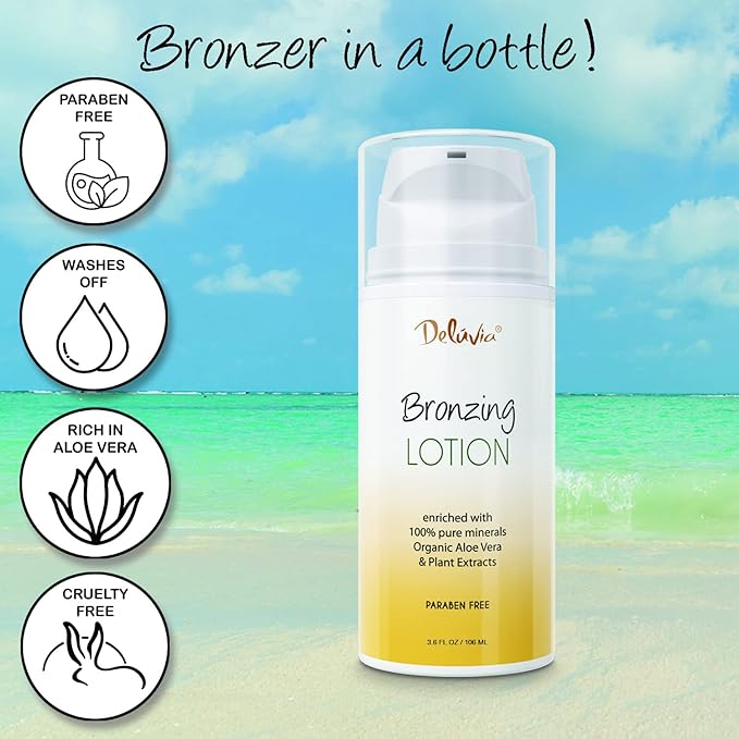 Deluvia Body Shimmer Wash Off Bronzing Lotion, After Sun, Leg Makeup, Illuminating Body Moisturizer, Bronzer for Body and Face. Skincare by Deluvia