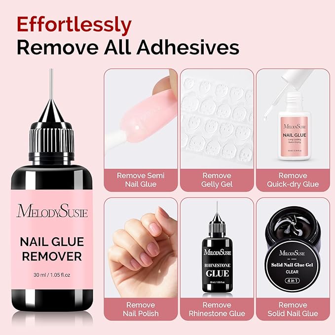MelodySusie 30ML Nail Glue Remover for Press on Acetone Free Nail Polish Remover Multi-Functional Remover for Nails Tips Gentle Glue Remover for Home Salon