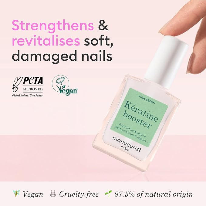 Manucurist Keratin Booster – Nail Strengthener for Damaged Nails – Nail Care with Plant-Based Keratin, AHAs, PHAs, MSM, Silicon, and Vitamin B8 – 97.5% Natural-Origin Ingredients